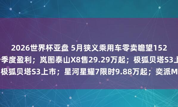 2026世界杯亚盘 5月狭义乘用车零卖瞻望152万辆；蔚来一语气两个季度盈利；岚图泰山X8售29.29万起；极狐贝塔S3上市；星河星耀7限时9.88万起；奕派M8首发亮相